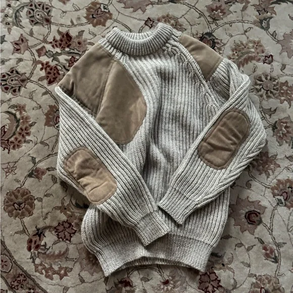 Men's Beige Sweater with Suede Patches